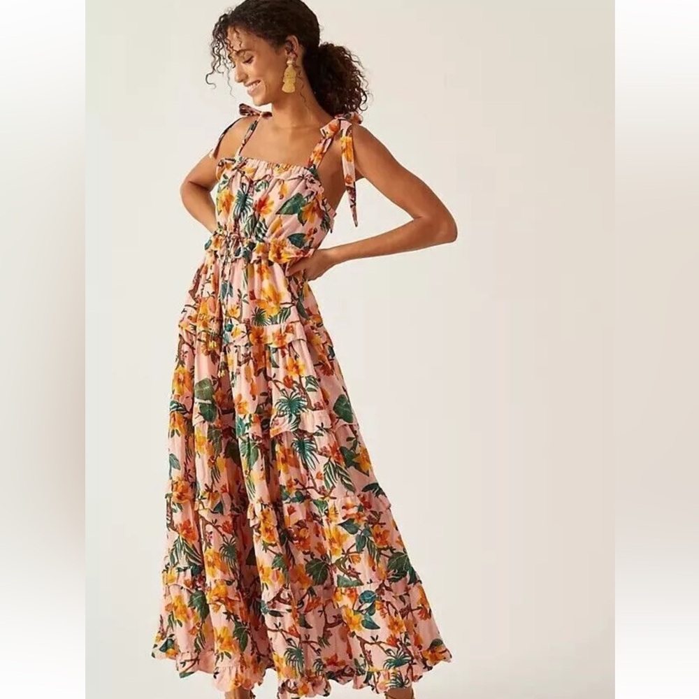 EUC XL Farm Rio Anthropologie Tropical Paradise Square Neck Tiered-Maxi dress